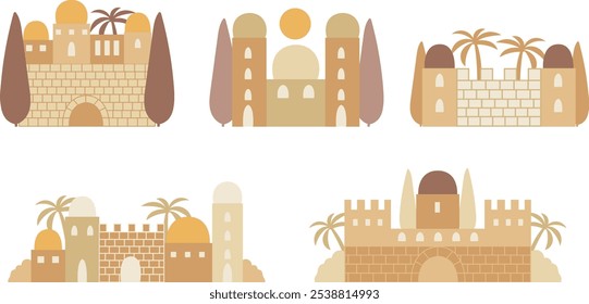 Ancient biblical city mud buildings scenes . Decoration set for museum events flyers, illustration, children bible,greeting cards, holiday events, print