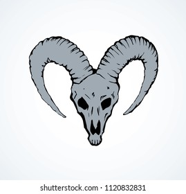 Ancient big domestic horny buck antler beast muzzle on white background. Freehand line black ink hand drawn old elk decor pictogram sketchy in antique doodle art etch style pen on paper space for text