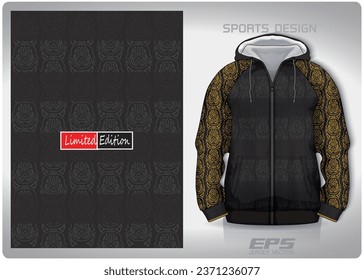 Ancient black gold tribal pattern design, illustration, textile background for sports t-shirt, football jersey shirt mockup for football club. consistent front view