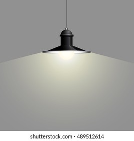 Ancient black lamp hanging on the wire. Big and empty space illuminated on the grey wall. Vector illustration of lighting.