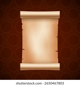 Ancient blank scroll on vintage dark patterned background for message, invitation, announcement or historical themed template design.