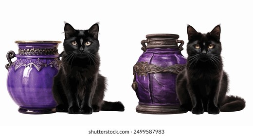 ancient blank spell jar and black cat isolated white background