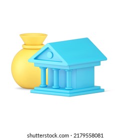 Ancient blue bank real estate exterior Greek columns building on pedestal with yellow sack of money realistic 3d icon vector illustration. Antique financial storage Roman public architecture isometric