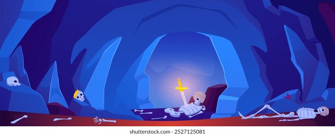 Ancient blue cave with skeletons of medieval knights and king. Cartoon vector underground game landscape with tunnel hole. Fantasy mine with bow arrow, golden crown and sword in human bones