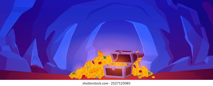 Ancient blue stone cave with treasure chest, golden coins and gemstones. Cartoon vector underground landscape for game level ui design. Fantasy treasure mine