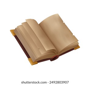 Ancient book with open pages for mystery game of ancient adventure, cartoon vector. Old medieval antique book with aged parchment paper for fantasy or witchcraft game GUI and gaming UI asset element