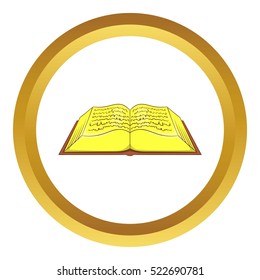 Ancient book vector icon in golden circle, cartoon style isolated on white background