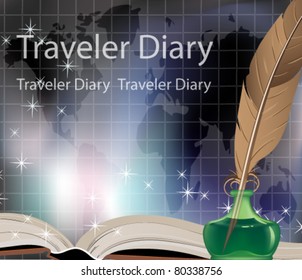 Ancient book, writing feather, inkwell and travel map
