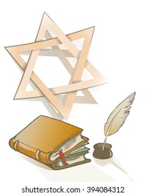 Ancient books, feather and Star of David sign 