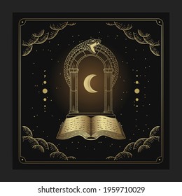 Ancient books with gates and crescent moons in engraving, hand drawn, luxury, esoteric, boho style, fit for paranormal, tarot reader, astrologer or tattoo