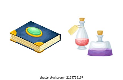 Ancient books with magic spells and magical elixirs. Witchcraft objects set cartoon vector illustration