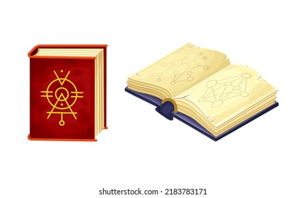 Ancient books with magic spells. Witchcraft objects set cartoon vector illustration