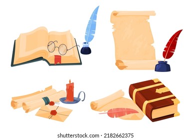 Ancient books and papyri with quills. Writing in ancient times. Vector illustration