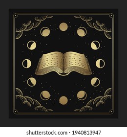 Ancient books and phases of the moon with engraving, hand drawn, luxury, esoteric, boho style, fit for paranormal, tarot reader, astrologer or tattoo