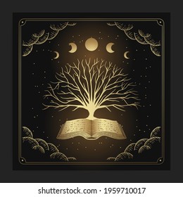 Ancient books and tree with engraving, hand drawn, luxury, esoteric, boho style, fit for paranormal, tarot reader, astrologer or tattoo