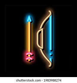 Ancient Bow And Arrow Tool neon light sign vector. Glowing bright icon Antique Projectile Bow, Shoot Weapon For Hunt sign. transparent symbol illustration