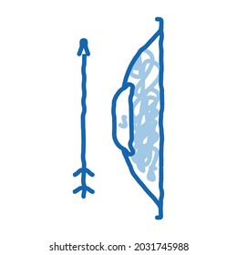 Vektorgrafik des antiken Bow- und Pfeilwerkzeugs. Handgezeichnete blaue Linie Kunst Antique Projectile Bow, Shoot Weapon für Jagdzeichen. einzelne Symbolillustration