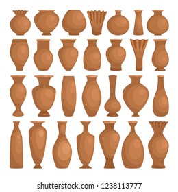 Ancient bowls decorative clay. Vector ceramic rustic vases isolated on white background, earthenware decorative making pots, old clay jugs