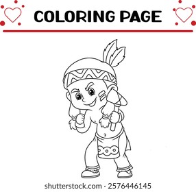 ancient boy is holding stone axe fight coloring page for kids