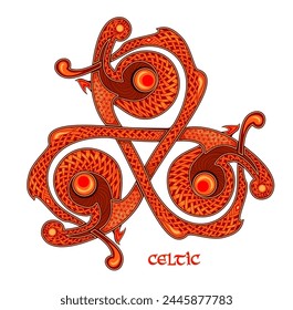 Triskelion bretón antiguo vintage con patrón de nudo celta. Ornamento de espiral celta de triple goteo. Símbolo nórdico antiguo. Signo de magia étnica. Impresión para logotipo, icono, moneda, tatuaje. Ilustración vectorial plana.