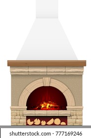 An ancient brick hearth with fire. Brick arch with fireplace or stove