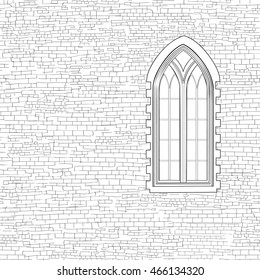 Ancient brick wall background with gothic window. Shabby brick wall sketch pattern Architectural building facade