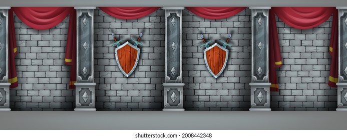 Ancient brick wall seamless background, vector stone castle interior, marble pillars, medieval shield. Vintage architecture gallery, rock columns, red curtains. Game brick wall backdrop, palace hall 