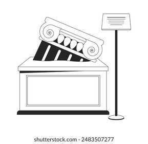 Ancient broken column exhibit black and white 2D line cartoon object. Ruined Greek pillar on display isolated vector outline item. Archeological museum exhibition monochromatic flat spot illustration