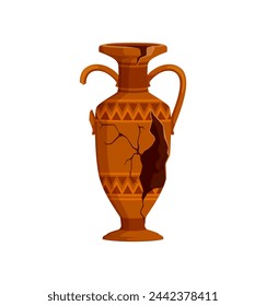 Ancient broken pottery vase or old ceramic cracked jug pot, vector antique amphora. Ancient Greek or Roman vase with cracks, archeology ceramic pitcher or antique jug with handles and ornament