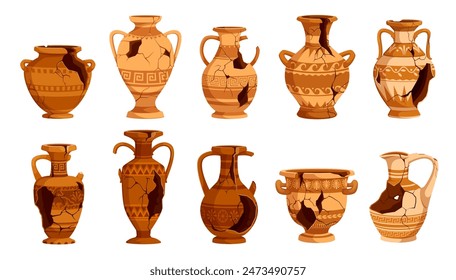 Ancient broken pottery and vases. Old ceramic cracked pots and jugs. Isolated vector set of shattered fragments of archaeologists artefacts, historical crockery and past civilization cultural heritage