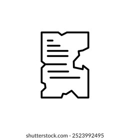 Antiguo icono de desplazamiento roto. Arte lineal de un manuscrito antiguo fragmentado o desplazamiento con texto visible. Ideal para proyectos de arqueología, historia y temática museística. Ilustración vectorial