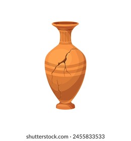 Ancient broken vase and pottery. Old ceramic cracked pot or jug. Isolated cartoon vector antique pitcher, brown earthenware or clay urn or jar with crack. Historical archeological artefact for museum