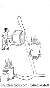 Ancient bronze casting production scene, line drawing