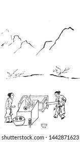 Ancient bronze casting production scene, line drawing