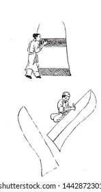 Ancient bronze casting production scene, line drawing