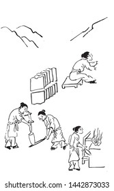 Ancient bronze casting production scene, line drawing