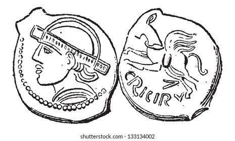 Ancient Bronze Coin, showing Head (front) and Horse (back), vintage engraved illustration. Dictionary of Words and Things - Larive and Fleury - 1895