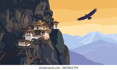 Ancient Buddhist Monastery Perched on a Steep Mountain Cliff Edge with Cloud Landscape Vector Illustration