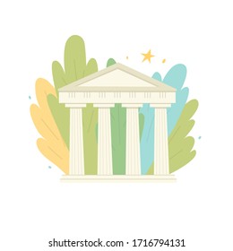 An ancient building with columns. Ancient Greek and Roman culture. Monument of ancient culture. European civilization. Heritage. The background is abstract colored large leaves.