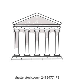 Ancient building entrance. Classical architecture, roof and columns. Isolated on white background, hand drawn illustration. Minimalistic style house.