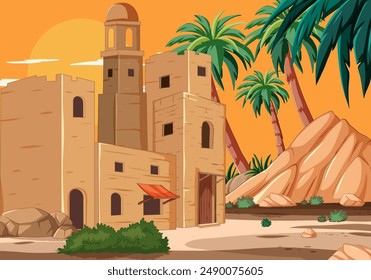 Ancient building surrounded by palm trees and rocks