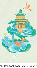 Ancient buildings with fish and beautiful scenery poster