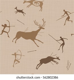 Ancient bush mans hunting. Abstract background on fabric texture. Vector graphics.