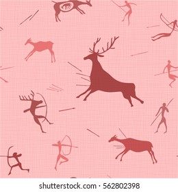Ancient bush mans hunting. Abstract background on fabric texture. Vector graphics.