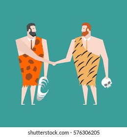 Ancient businessman deal. Neanderthal Agreement. Prehistoric man handshake. Clothing animal skins
