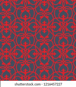 Ancient Byzantine Greek Stylized Orthodox Floral Ornamental Seamless Pattern. Vector Lace. Bright Design Red On Grey Background. Wrapping Paper Textile Fabric