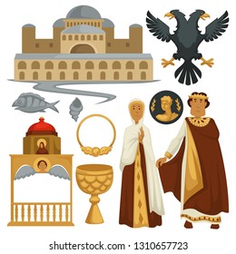 Ancient Byzantium history symbols heraldry architecture and religion emperor vector building and double-headed eagle fish and seashell Christian orthodoxy gold goblet and altar coin man and woman.