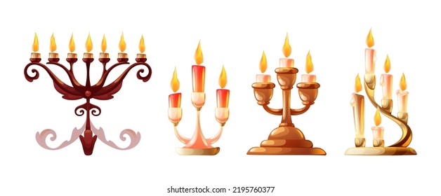 Ancient candlesticks with burning wax candles set. Elegant vintage bronze, copper and gold candelabras or candle holders with flame of candlelight, household and church items cartoon vector