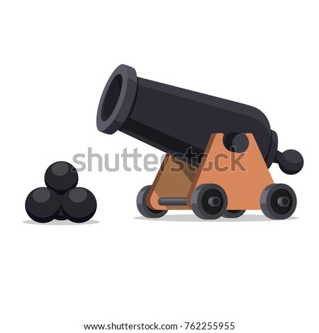 Ancient cannon with cannon balls. Flat style Illustration of vintage cannon on a white background. Medieval weapons for your design.