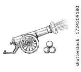 An ancient cannon with gun cores. Gunshot, sketch vector isolated on white background.